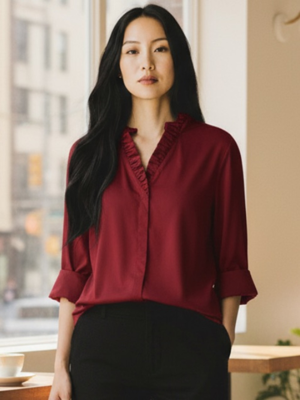 Chico's Burgundy Ruffle Collar Tunic